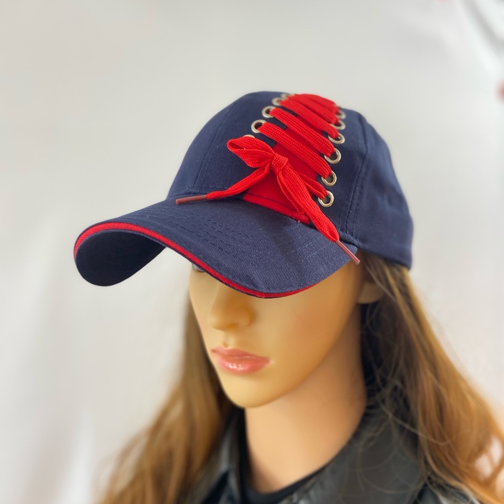 Navy Cap with Red Lace Detail
